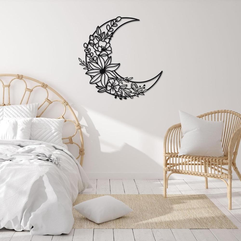 Wrought Iron Moon Wall Art, Boho Metal Floral Decor Home Hanging Ornament