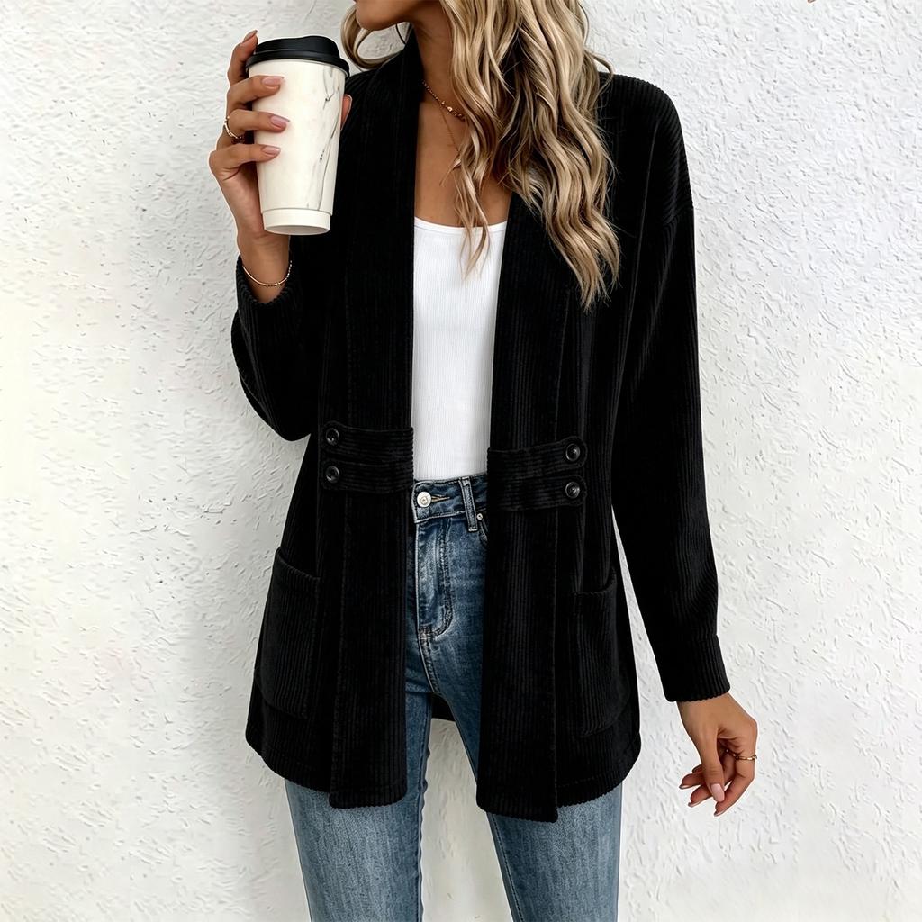 Women's Casual Double Breasted Corduroy Cardigan Mid Length Relaxed Fit Versatile