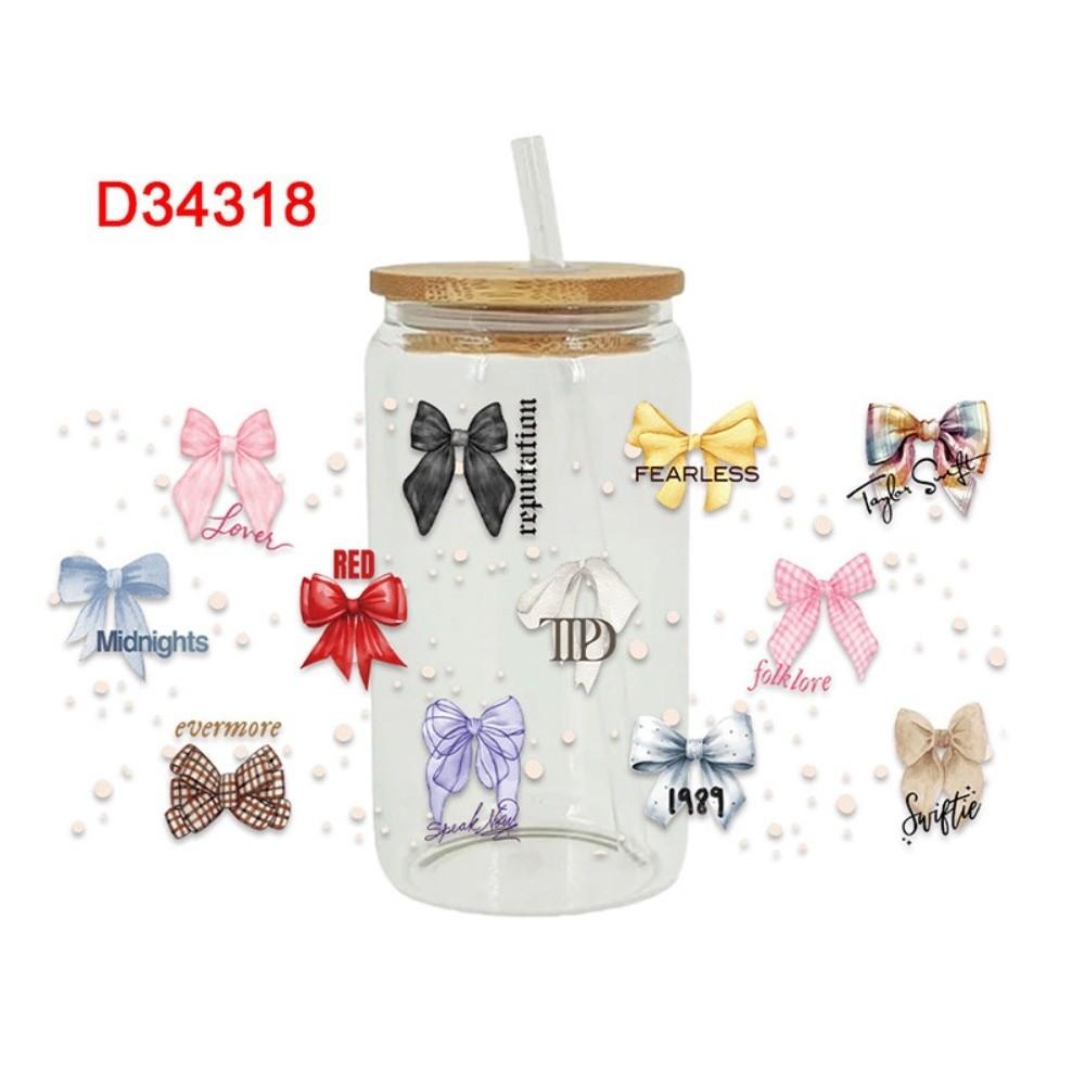 New Waterproof UV DTF Transfer Sticker Clear Smooth Pink Bow Decals DIY Wrap Stickers For 16Oz Glass Cup