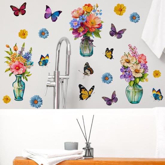 3 Pcs Painted Vase and Butterflies Wall Stickers, Removable Self-Adhesive Flower Vase Wall Decor Wall Art, Waterproof Decals for Bedroom