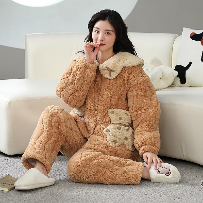 Couple Coral Fleece Quilted Pajamas Set Thick Warm Winter Loungewear Men Women