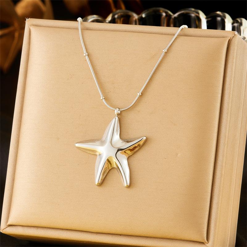 Gold Starfish Pendant Necklace, Dainty Beaded Box Chain Necklace, Chunky Ocean Jewelry for Women Daily Wear Gift