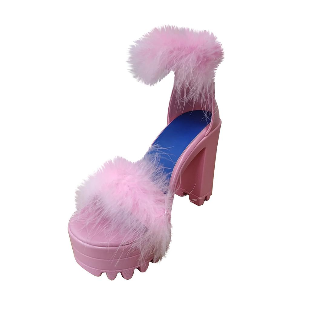 Womens  Faux Furs Chunky Heel Open Toe  Strap High Heeled Sandals