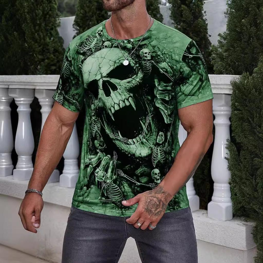 Summer Round Neck 3D Skull Pattern Print Top Fashionable Casual Short Sleeved Men's T-shirts