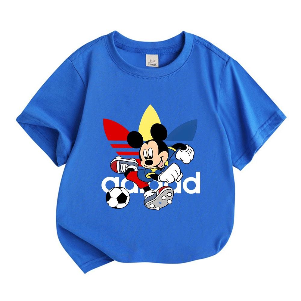 Kids Boys Girls 100% Cotton Crew Neck Short Sleeve T-Shirt, Cute Cartoon Football Playing Mouse Print Casual Soft Breathable Summer Top for Children D
