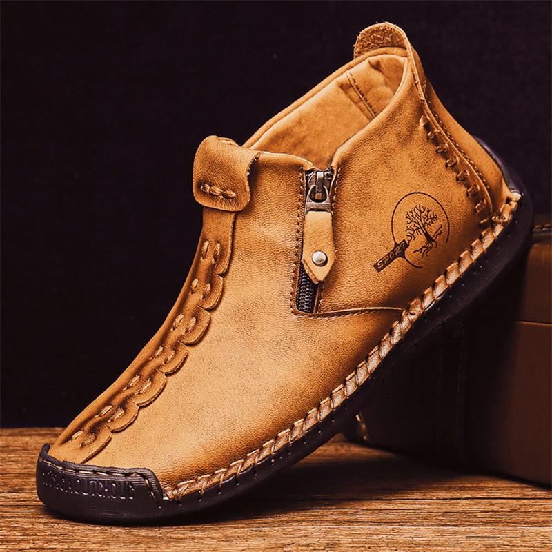 Yellow Retro Leather Casual Shoes For Men Women Big Size 36-48 Spring Zip Design Men's Ankle Boots Handmade Comfy Moccasins Man