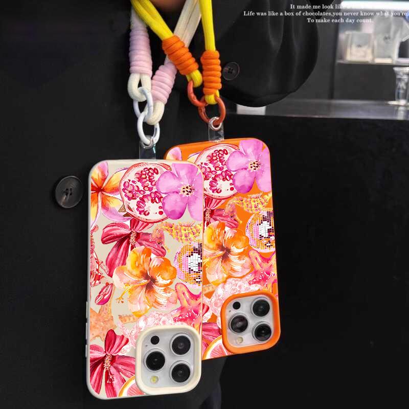 INS Colorful Flower Luxury Phone Chain Lanyard Case For iPhone 17 16 15 14 13 12 Pro Max 11 Plus Shockproof Lichee Pattern Funda