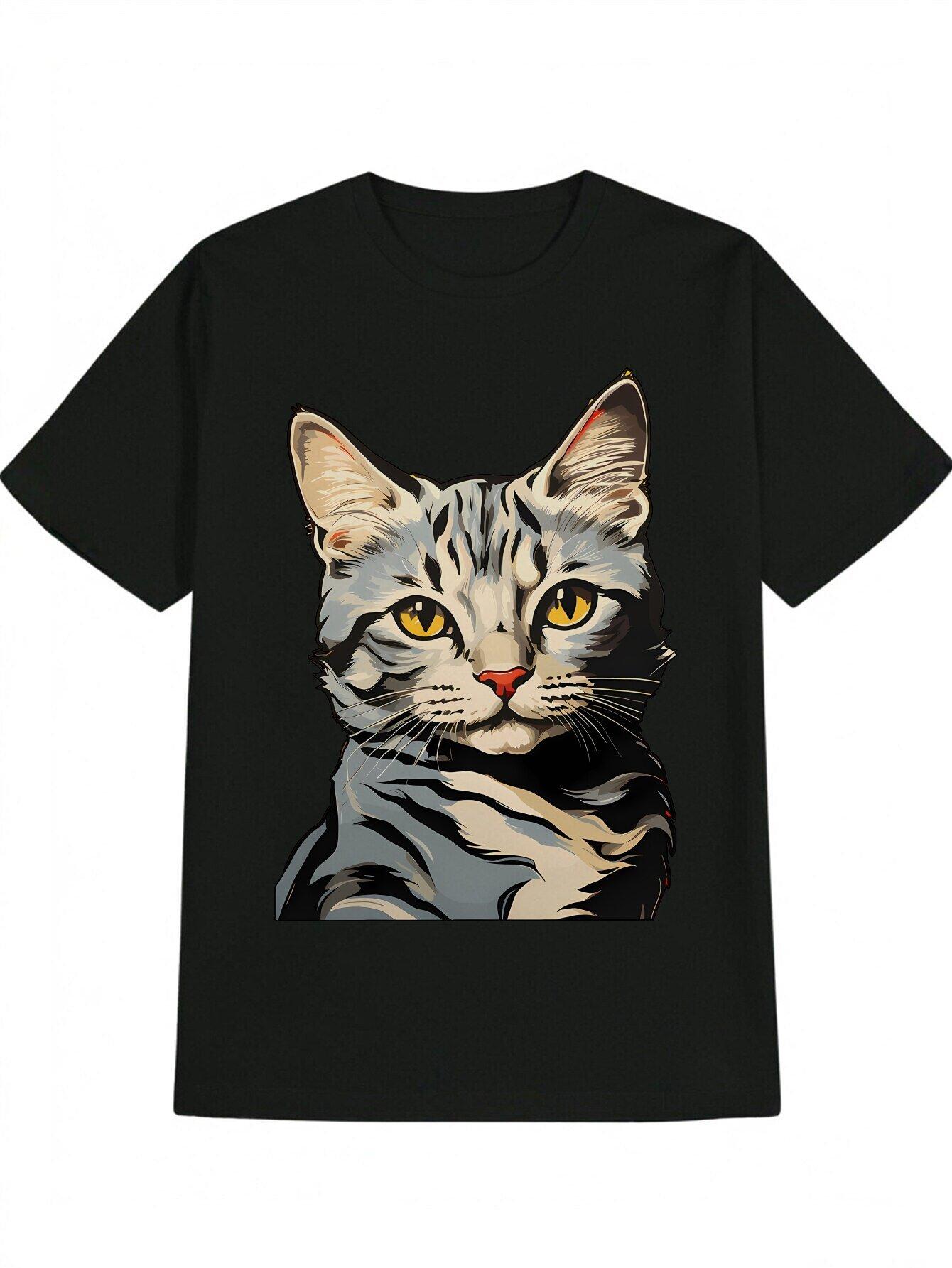 Casual Crew Neck T-shirt with Cat Print XXXL