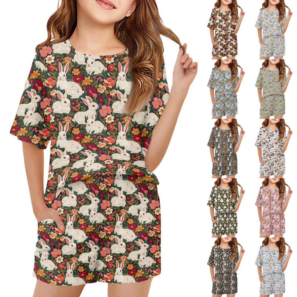 Kid Patriotic Outfit - Short Sleeve & Shorts 2-Piece Set For Girl Easter Day