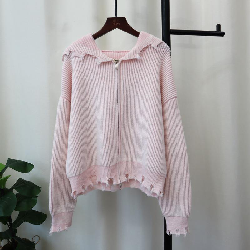 Double Zipper Hooded Hole Design Knitted Cardigan Autumn and Winter New Loose High-end Sweater Jacket Women