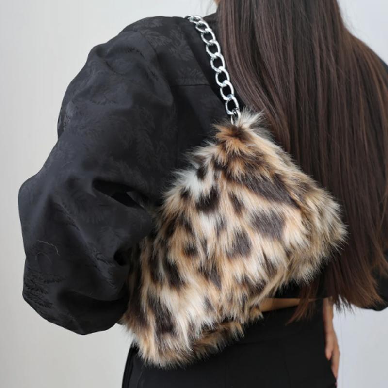New Faux Fur Leopard Shoulder Bag Women's Autumn Winter Chain Handbags Ladies Leopard Print Clutch Purses Top Handle Bags Bolsas