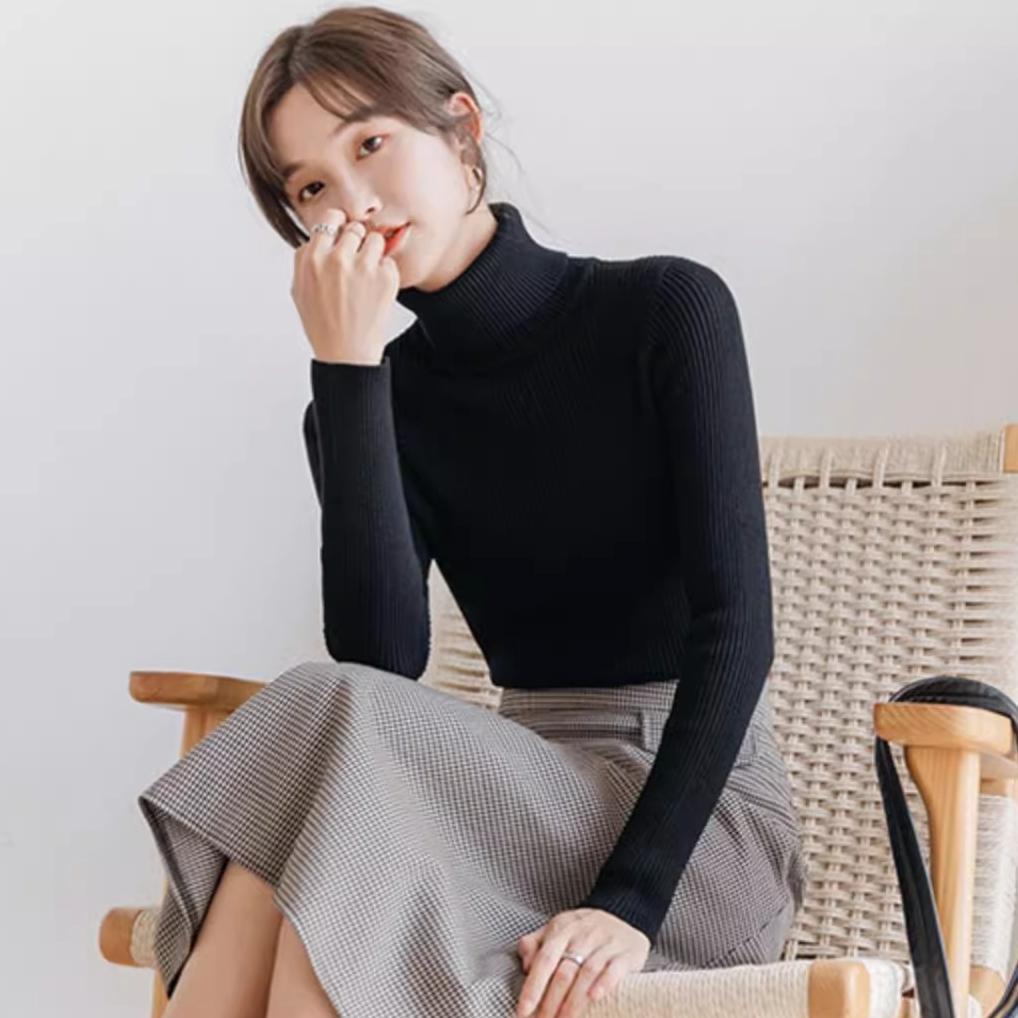 

осень зима водолазка вязаный свитер женский длинный рукав приталенный утолщенный пуловер универсальные базовые топы черный белый свитера One Size