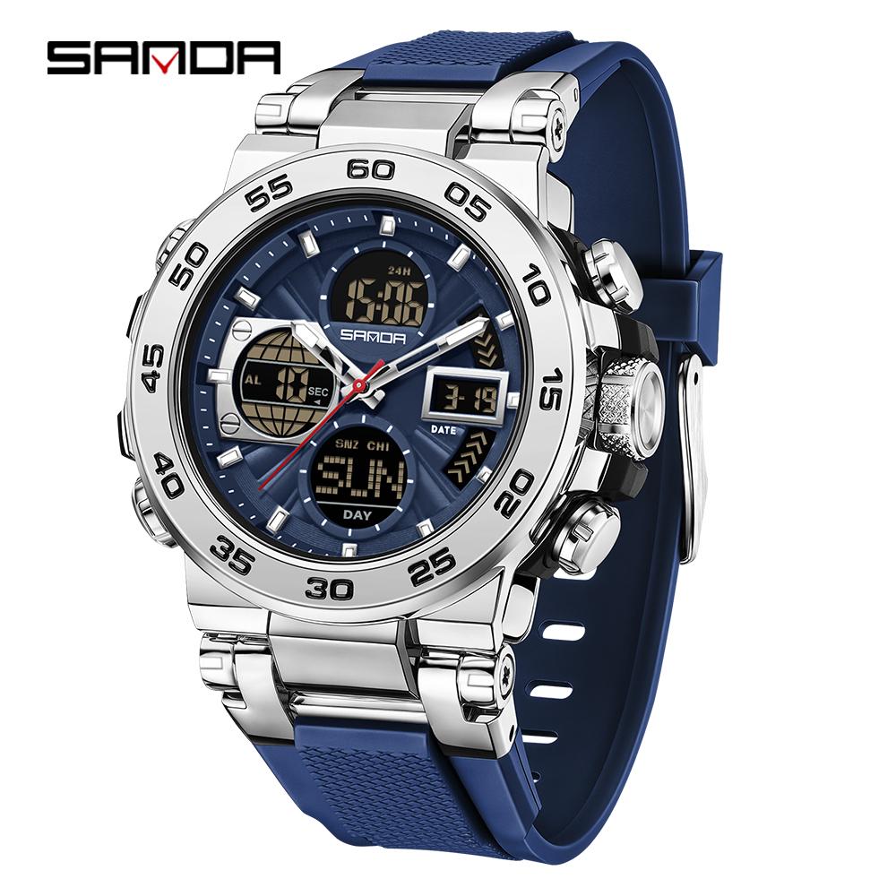 SANDA 6312 New Steel Strip Sports Watch Dual Display Dual Movement 5ATM Waterproof Multi functional Men's Electronic Watch-1