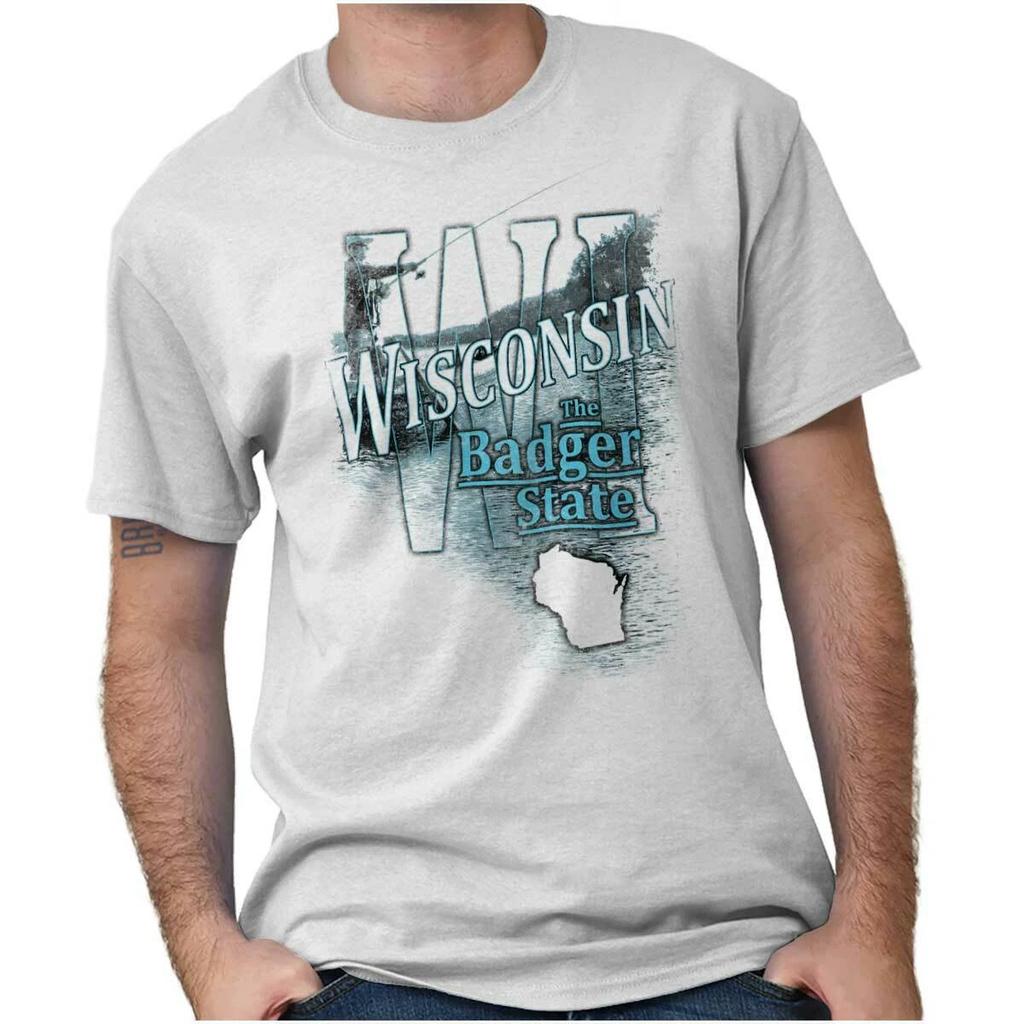 Wisconsin Fishing Lake Souvenir Travel WI Adult Short Sleeve Crewneck Tee