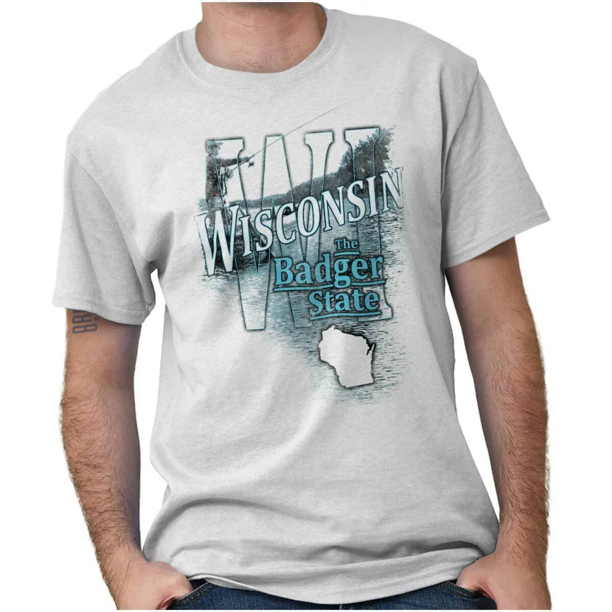

Wisconsin Fishing Lake Souvenir Travel WI Adult Short Sleeve Crewneck Tee S