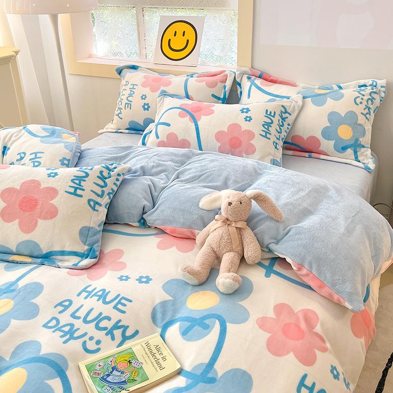 Four Piece Thick Coral Velvet Quilt Cover For Winter Milk Velvet Bed