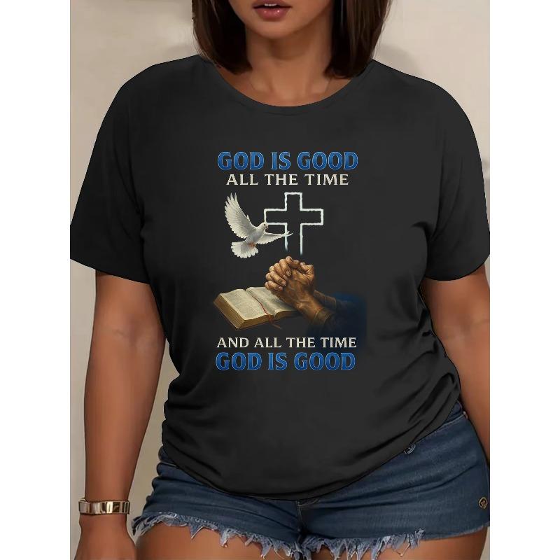 European size Pray to God Printed T-Shirt, Fashionable Style,  Casual Short-Sleeved T-Shirt, Round-Neck Top, Patterned Printed Round-Neck T-Shirt