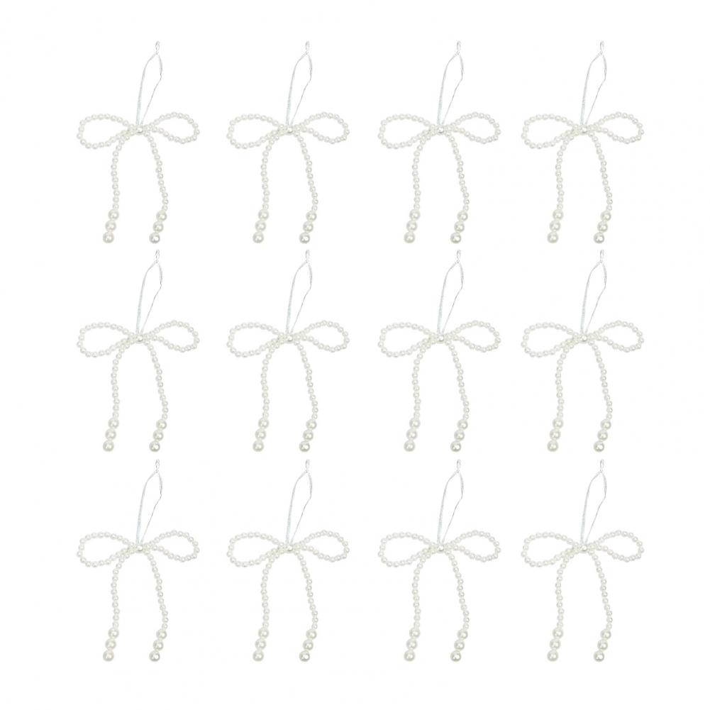 Cute Bow Ornament Bow Decoration Faux Pearl Bow Christmas Ornaments White Beaded Bowknot Tree Topper Hanging Pendant for Wedding