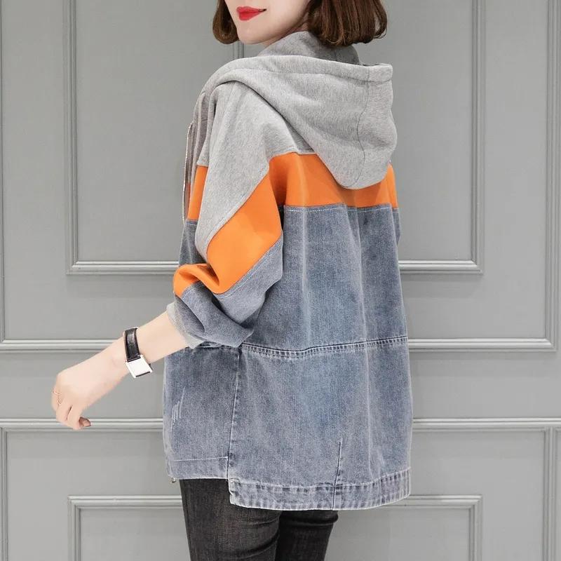 Dámská džínová bunda s kapucí, jarní volná bunda velké velikosti, podzimní ležérní barevně sladěný džínový kabát