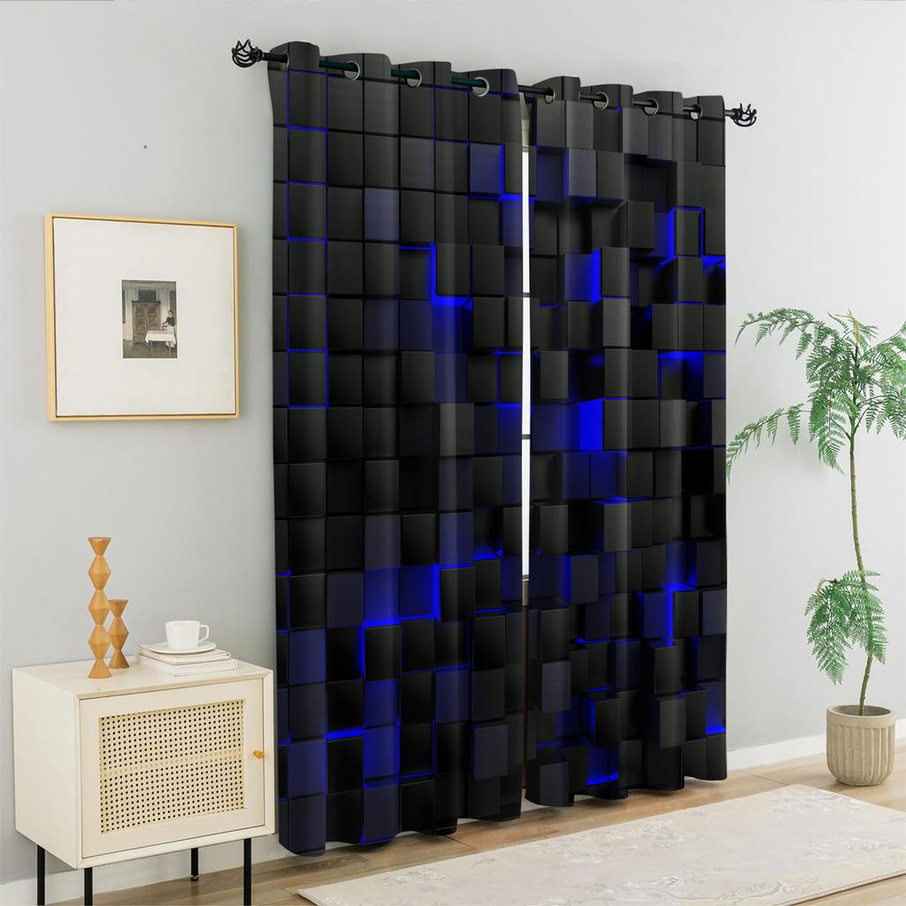 Ensemble de 2 Rideaux Décoratifs Mode pour Chambre à Coucher Salon Bureau Espace Treillis Blocs Rouge Noir Bleu Fabriqué en Polyester
