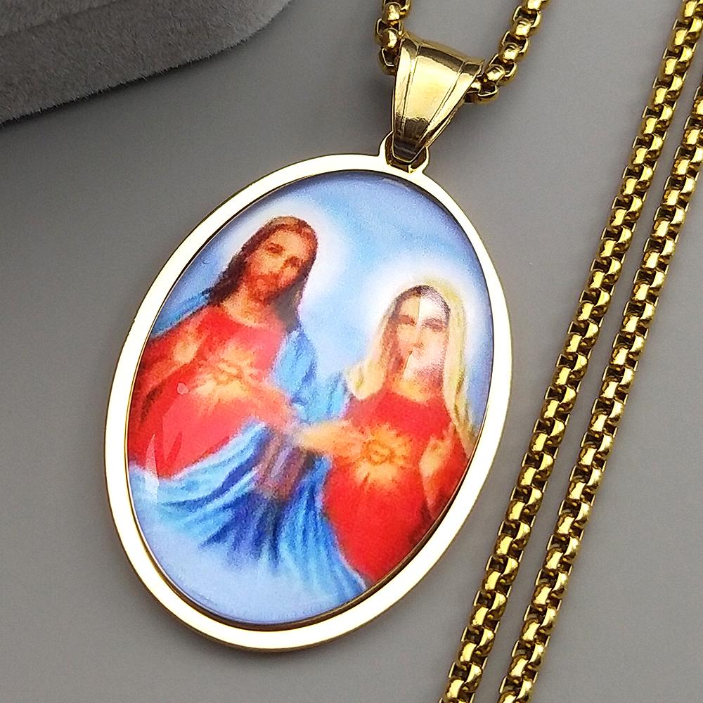Naszyjnik z wisiorkiem w kształcie szklanego medalika Najświętszego Serca Maryi Jezusa dla Kobiet Mężczyzn Stal Nierdzewna Kolor Złoty Katolicki Amulet Biżuteria