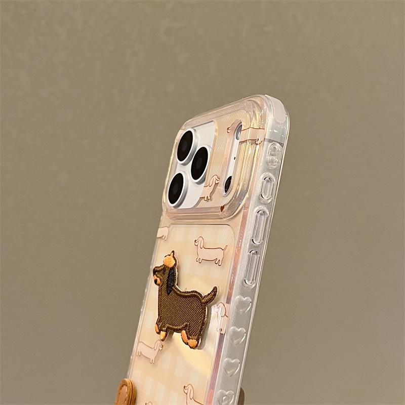 Plaid Embroidered Dachshund Phone Case with Hand Strap for iPhone 17/16 Pro Max/15/14