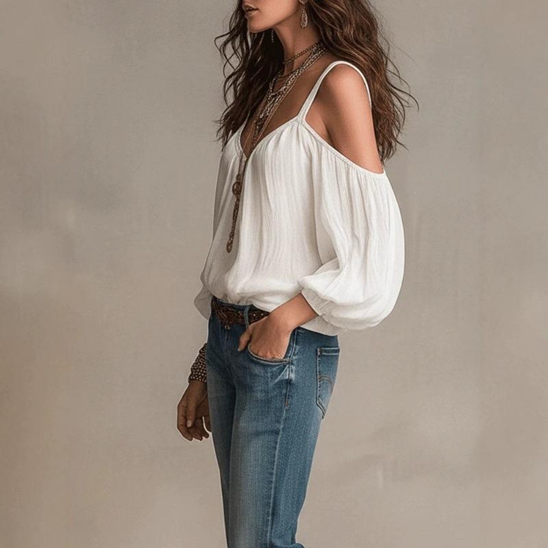 Camicia Casual da Donna a Maniche Lunghe a Bolla, Scollo a V, Colore Unito, per Vacanze