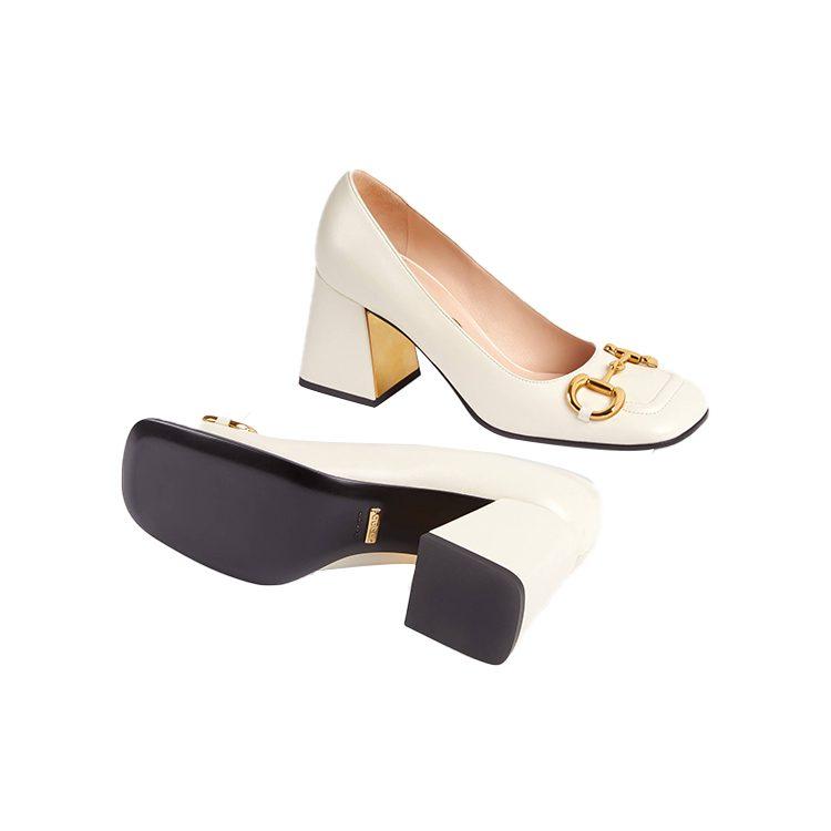 Gucci Horsebit Leather Block Heel High Heels 7cm Women's White 643886 C9D00 9022