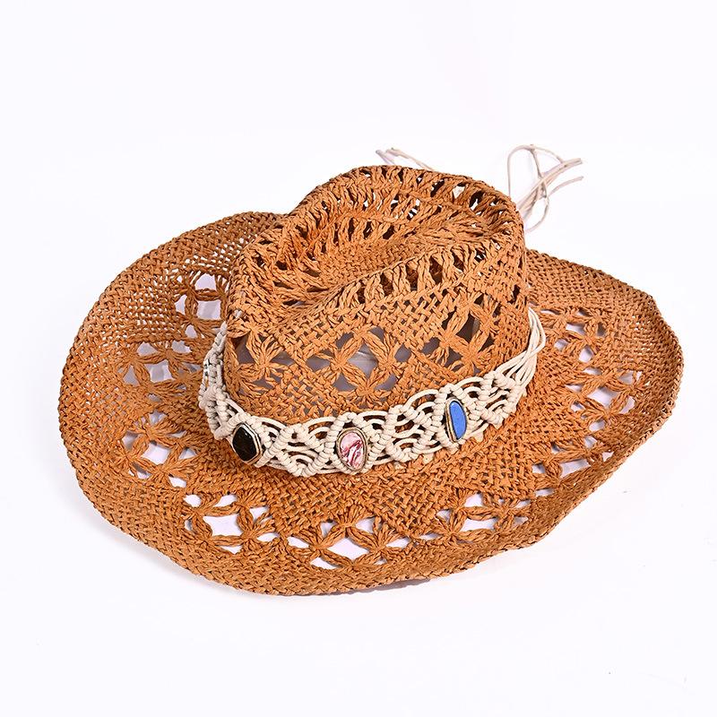 

Шляпа Burst Женская уличная пляжная шляпа Ажурная из бумажной травы Западная ковбойская шляпа с бусинами Летний солнцезащитный козырек One Size