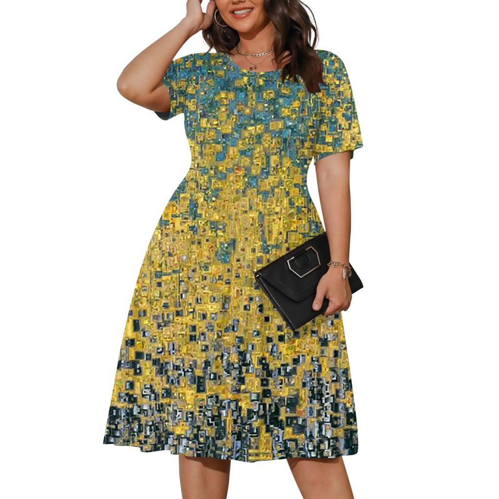 Womens Plus Size Summer Dress Casual Short Sleeve Paletead Waist Loose Fit Swing T-Shirt Dress With Pockets