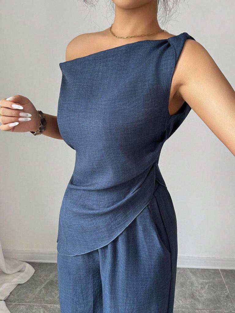 Elegant One-Shoulder Solid Color Women's Suit with Pocket Zipper Pants