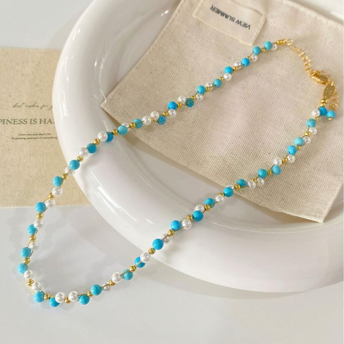 Vintage Style French Blue Turquoise Pearl Beaded Necklace – Exquisite & Versatile Collarbone Accent
