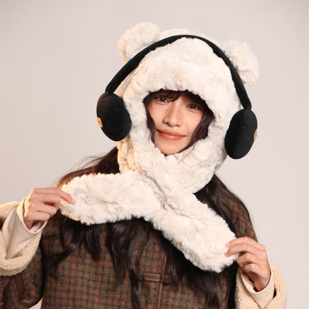 Autumn and Winter Cute Plush Earphones Bear Scarf One Piece Hat Warm Ear Protection Hat Anti Cold Wave