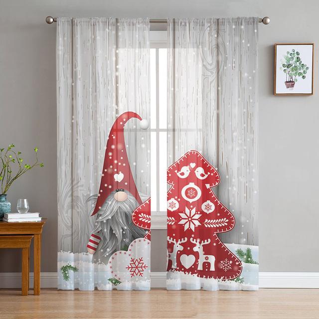 Christmas Gnome Wood Grain Snow Tulle Curtains For Living Room Decoration Modern Chiffon Sheer Voile Christmas Curtains
