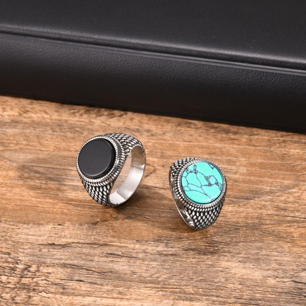 Mens Black Onyx Turquoise Signet Ring Stainless Steel Elegant Unisex Jewelry Accessory
