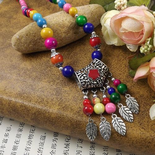 Bohemian Etnický Styl Přírodní Kámen Tyrkysy Náhrdelník Slitinový Přívěsek Kovový Peříček Střapec Náhrdelník Zirkonové Doplňky Ženský