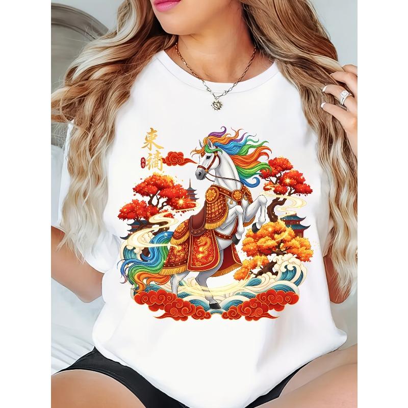 

European Size Chinese New Year Horse White Women S Short-Sleeved Round-Neck T-Shirt | Printed Top, Holiday Clothing,Summer T-Shirt 4XL білий
