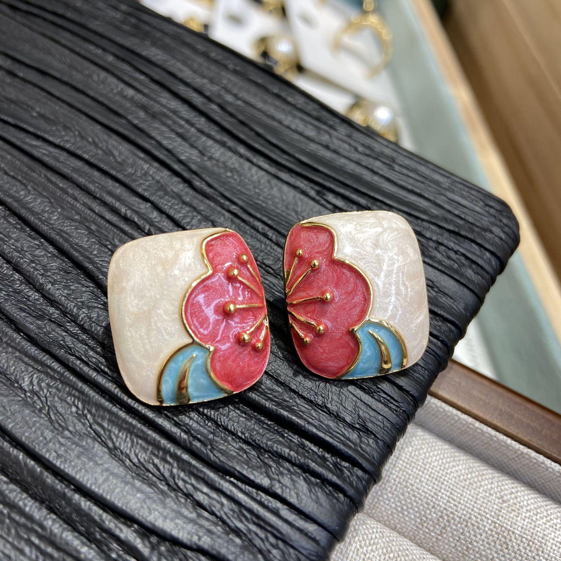 

Flower Oil Painting Series Earrings Colored Enamel Dripping Oil Ab Symmetrical Plum Blossom Stud Earrings With Cheongsam