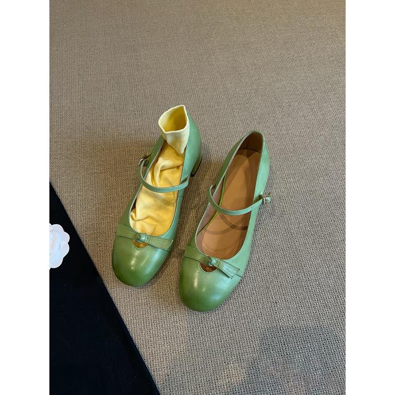 

Soft leather version~ Girly thick heel soft leather Mary Jane shoes women s 2025 new one-word buckle bow light mouth single shoes 40 зелёный