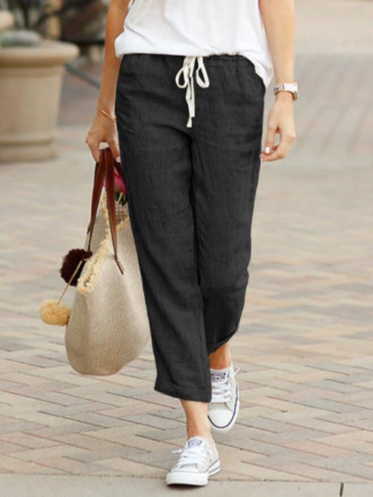 Women Solid Color Loose Casual Trousers Cotton Linen Drawstring Elastic Waist S чёрный