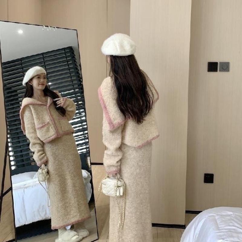 Women's Sweet Spring/Fall High-Waisted Knit Cardigan & Mid-Length Skirt Set