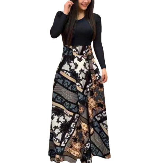 Women Floral Printed Patchwork Long Sleeve Cocktail Party Large Swing Maxi Dress
