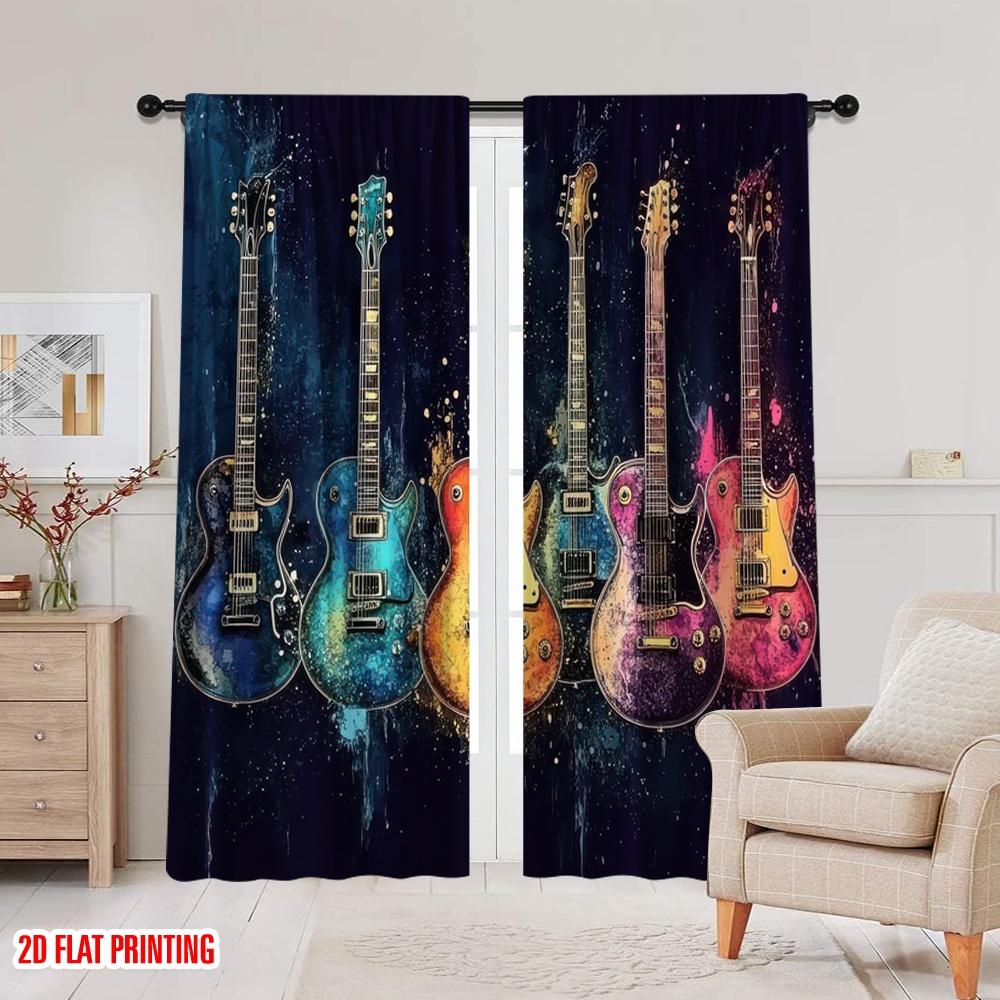 2D Flat Printing 2pcs Spring Summer Curtains Guitar Sheer Curtains Polyester Woven All Seasons Ldeal for Bedroom, Office,