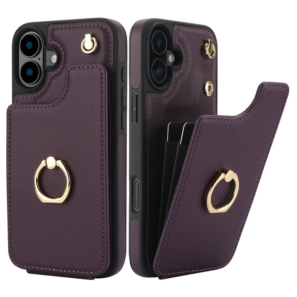 

For iPhone 16 Case Card Holder Kickstand PU+TPU Phone Cover with Shoulder Strap Dark Purple