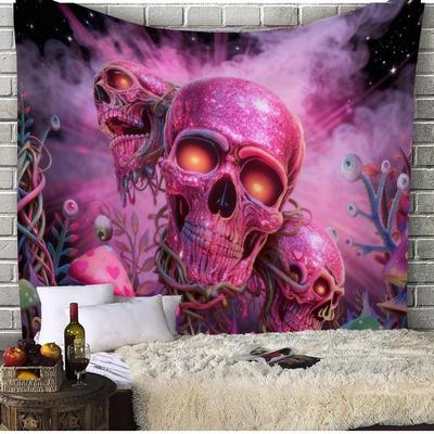 VIKAMA UV Flame Skull Tapestry, Psychedelic Starry Sky Gothic Wall Hanging, Aesthetic Bedroom Dorm Party Decor