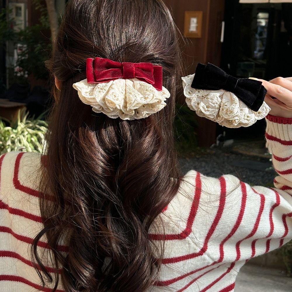Hair Clips Bowknot Spring Clip Cloth Lace Bow Hairpin Sweet Red Velvet Bow Hair Clip Gift