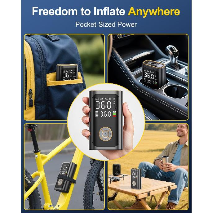 Tire Inflator Portable Air Compressor - 150 PSI Portable Air Pump for Car Tires, Cordless Electric Bike Tire Pump with Digital Pressure Gauge, LED