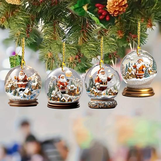 4Pcs Christmas Santa Glass Ball Ornament Winter Holiday Party Xmas Tree Hanging 2D Acrylic Santa Claus Snow House Ball Decoration