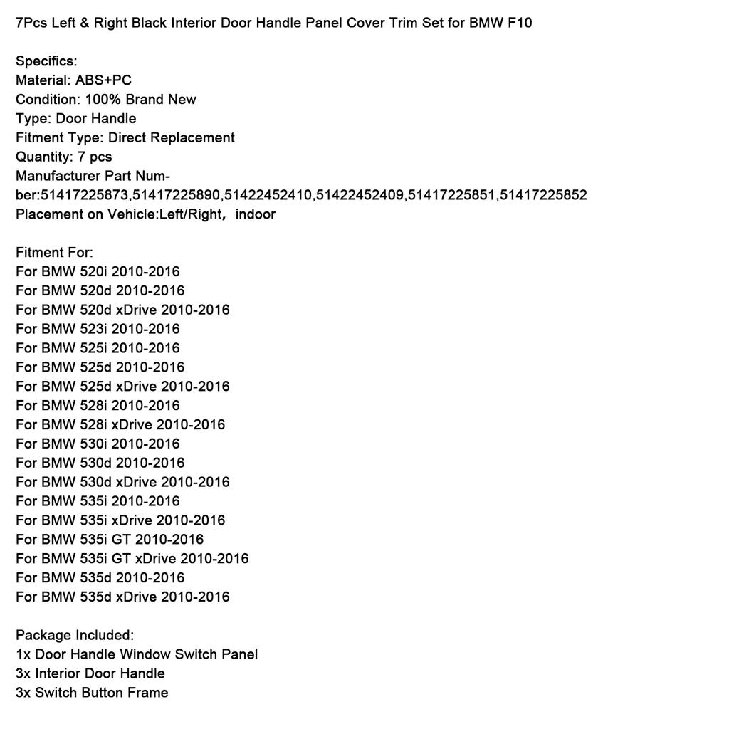 7x Czarny Wewnętrzny Uchwyt Panelu Drzwiowego Listwa Pokrywa Dla BMW Serii 5 F10 F11 10-16