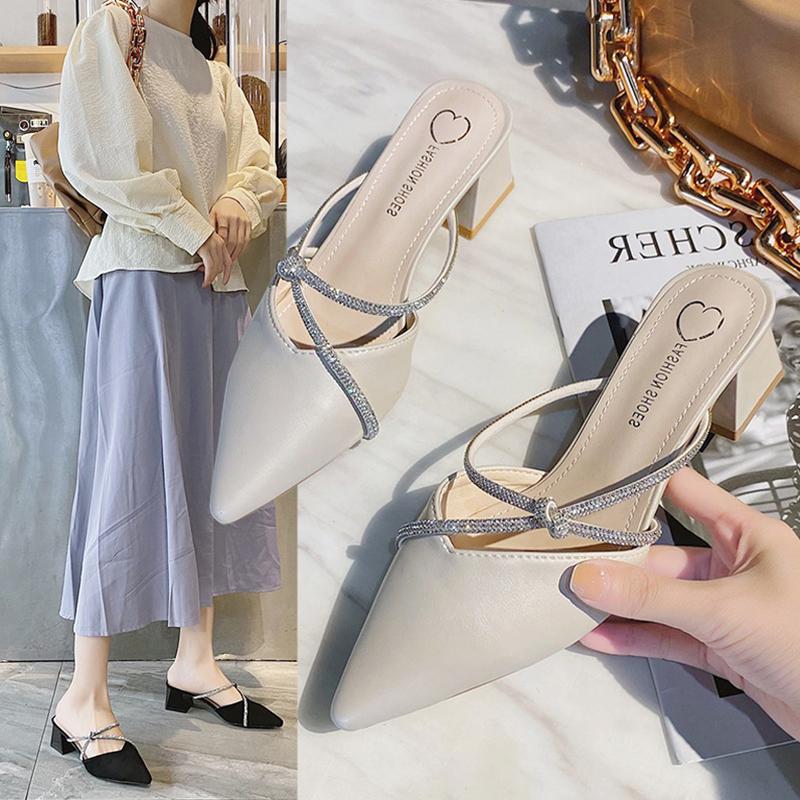 Fashion Shoes Woman 2025 Square Heel Pointed Toe Slippers Casual Pantofle Glitter Slides Heeled Mules Block Cover Luxury Summer New Jell